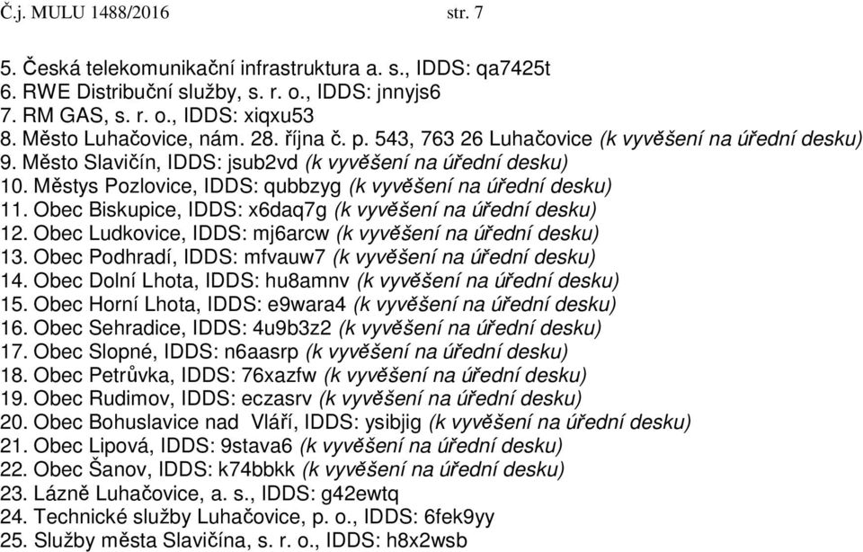 Obec Biskupice, IDDS: x6daq7g (k vyvěšení na úřední desku) 12. Obec Ludkovice, IDDS: mj6arcw (k vyvěšení na úřední desku) 13. Obec Podhradí, IDDS: mfvauw7 (k vyvěšení na úřední desku) 14.