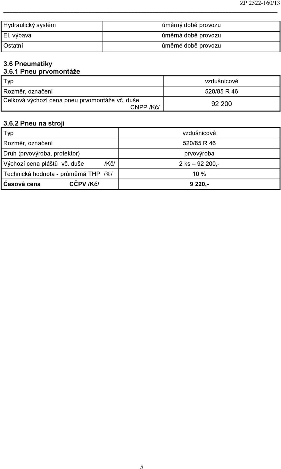 1 Pneu prvomontáže Typ vzdušnicové Rozměr, označení 520/85 R 46 Celková výchozí cena pneu prvomontáže vč.