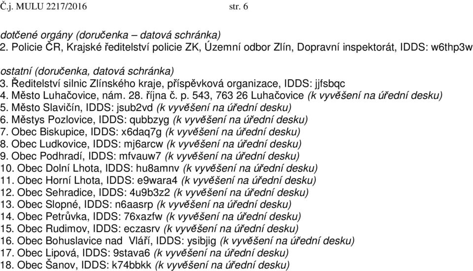 Ředitelství silnic Zlínského kraje, příspěvková organizace, IDDS: jjfsbqc 4. Město Luhačovice, nám. 28. října č. p. 543, 763 26 Luhačovice (k vyvěšení na úřední desku) 5.