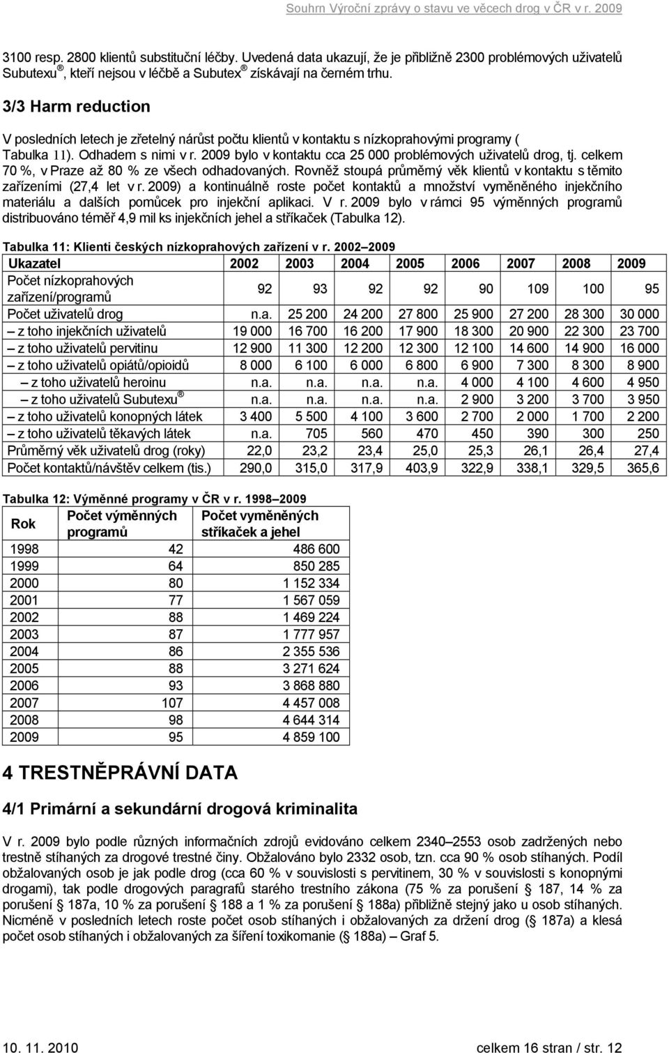 2009 bylo v kontaktu cca 25 000 problémových uživatelů drog, tj. celkem 70 %, v Praze až 80 % ze všech odhadovaných. Rovněž stoupá průměrný věk klientů v kontaktu s těmito zařízeními (27,4 let v r.