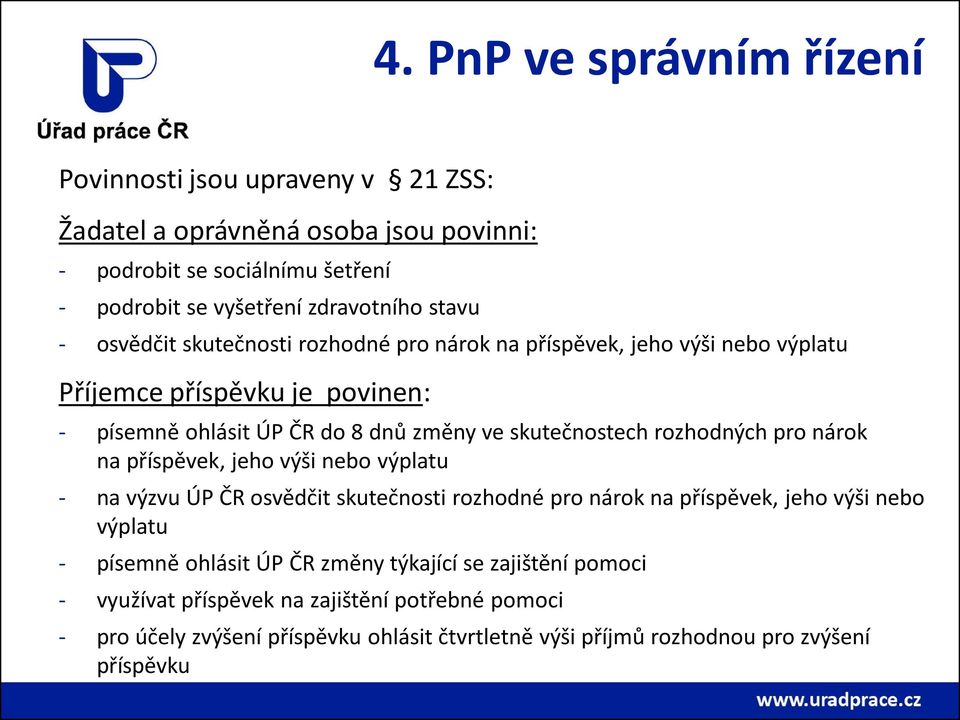 rozhodných pro nárok na příspěvek, jeho výši nebo výplatu - na výzvu ÚP ČR osvědčit skutečnosti rozhodné pro nárok na příspěvek, jeho výši nebo výplatu - písemně ohlásit ÚP