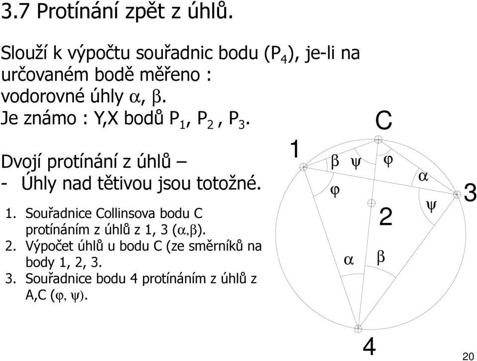 Je známo : Y,X bodů P 1, P 2, P 3. Dvojí protínání z úhlů - Úhly nad tětvou jsou totožné. 1. Souřadnce Collnsova bodu C protínáním z úhlů z 1, 3 (α,β).