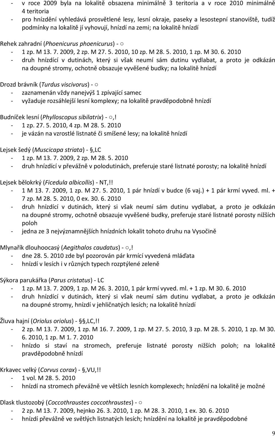 2010 - druh hnízdící v dutinách, který si však neumí sám dutinu vydlabat, a proto je odkázán na doupné stromy, ochotně obsazuje vyvěšené budky; na lokalitě hnízdí Drozd brávník (Turdus viscivorus) -