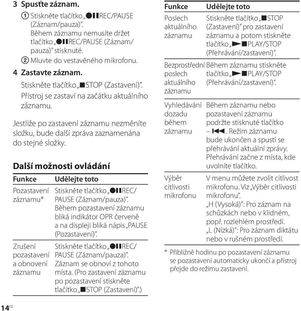Další možnosti ovládání Funkce Pozastavení záznamu* Zrušení pozastavení a obnovení záznamu Udělejte toto Stiskněte tlačítko REC/ PAUSE (Záznam/pauza).