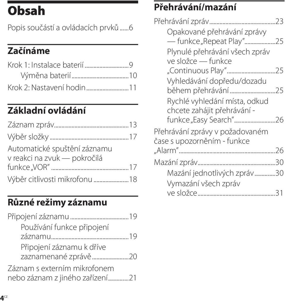 ..19 Připojení záznamu k dříve zaznamenané zprávě...20 Záznam s externím mikrofonem nebo záznam z jiného zařízení...21 Přehrávání/mazání Přehrávání zpráv.