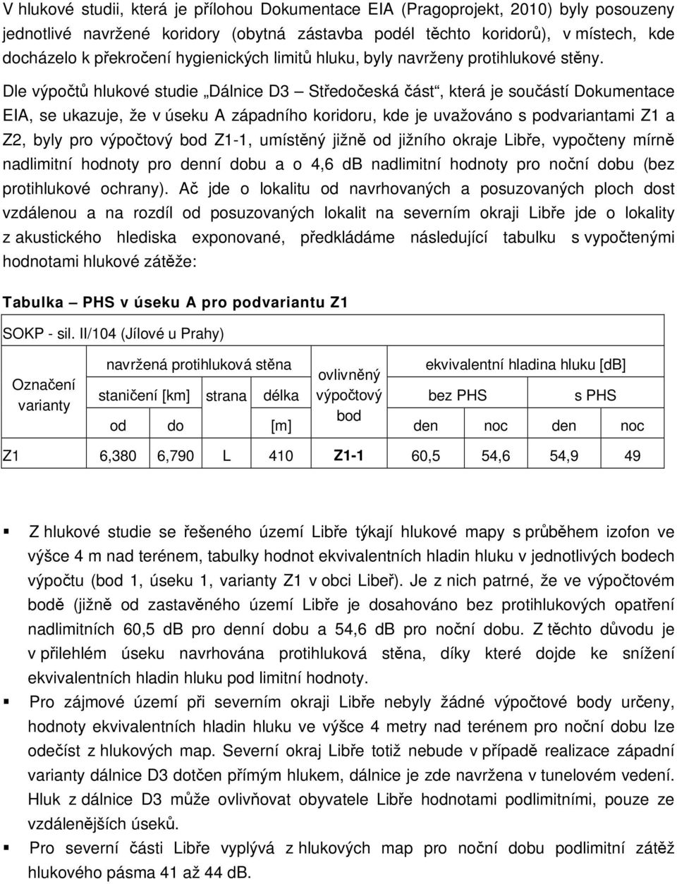 Dle výpočtů hlukové studie Dálnice D3 Středočeská část, která je součástí Dokumentace EIA, se ukazuje, že v úseku A západního koridoru, kde je uvažováno s podvariantami Z1 a Z2, byly pro výpočtový