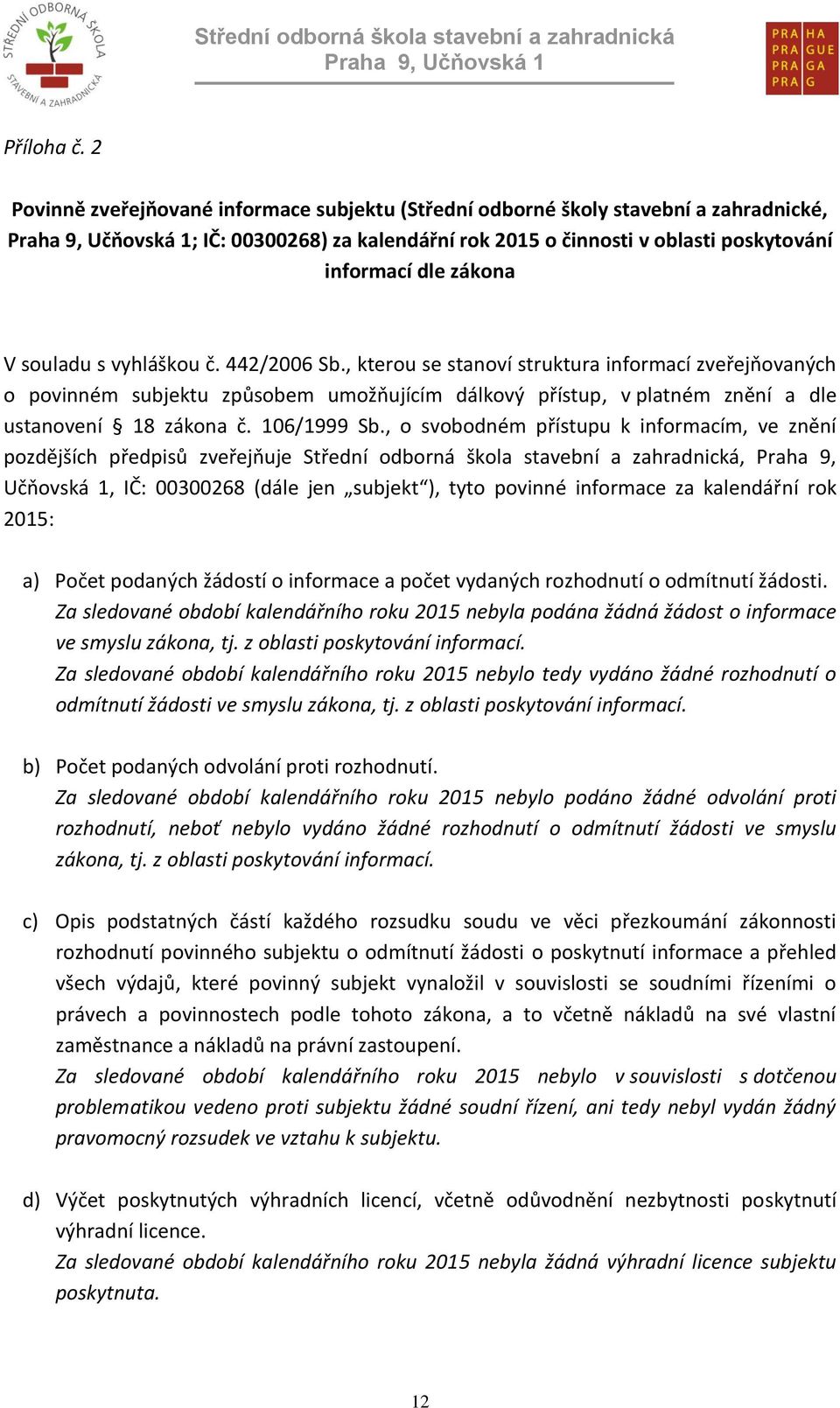 vyhláškou č. 442/2006 Sb., kterou se stanoví struktura informací zveřejňovaných o povinném subjektu způsobem umožňujícím dálkový přístup, v platném znění a dle ustanovení 18 zákona č. 106/1999 Sb.