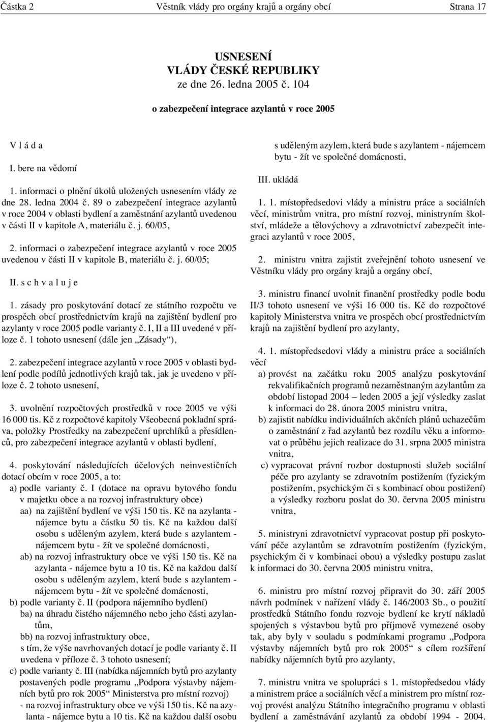 89 o zabezpečení integrace azylantů v roce 2004 v oblasti bydlení a zaměstnání azylantů uvedenou v části II v kapitole A, materiálu č. j. 60/05, 2.