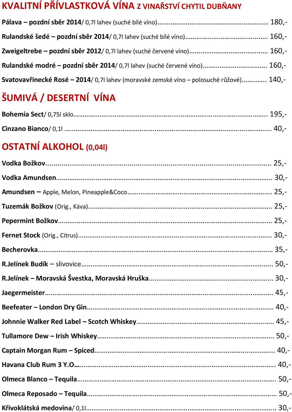 ... 160,- Svatovavřinecké Rosé 2014/ 0,7l lahev (moravské zemské víno polosuché růžové).... 140,- ŠUMIVÁ / DESERTNÍ VÍNA Bohemia Sect/ 0,75l sklo....... 195,- Cinzano Bianco/ 0,1l.