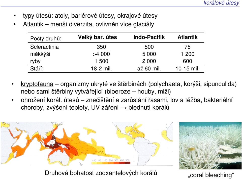 kryptofauna organizmy ukryté ve štěrbinách (polychaeta, korýši, sipunculida) nebo sami štěrbiny vytvářející (bioeroze houby, mlži) ohrožení korál.