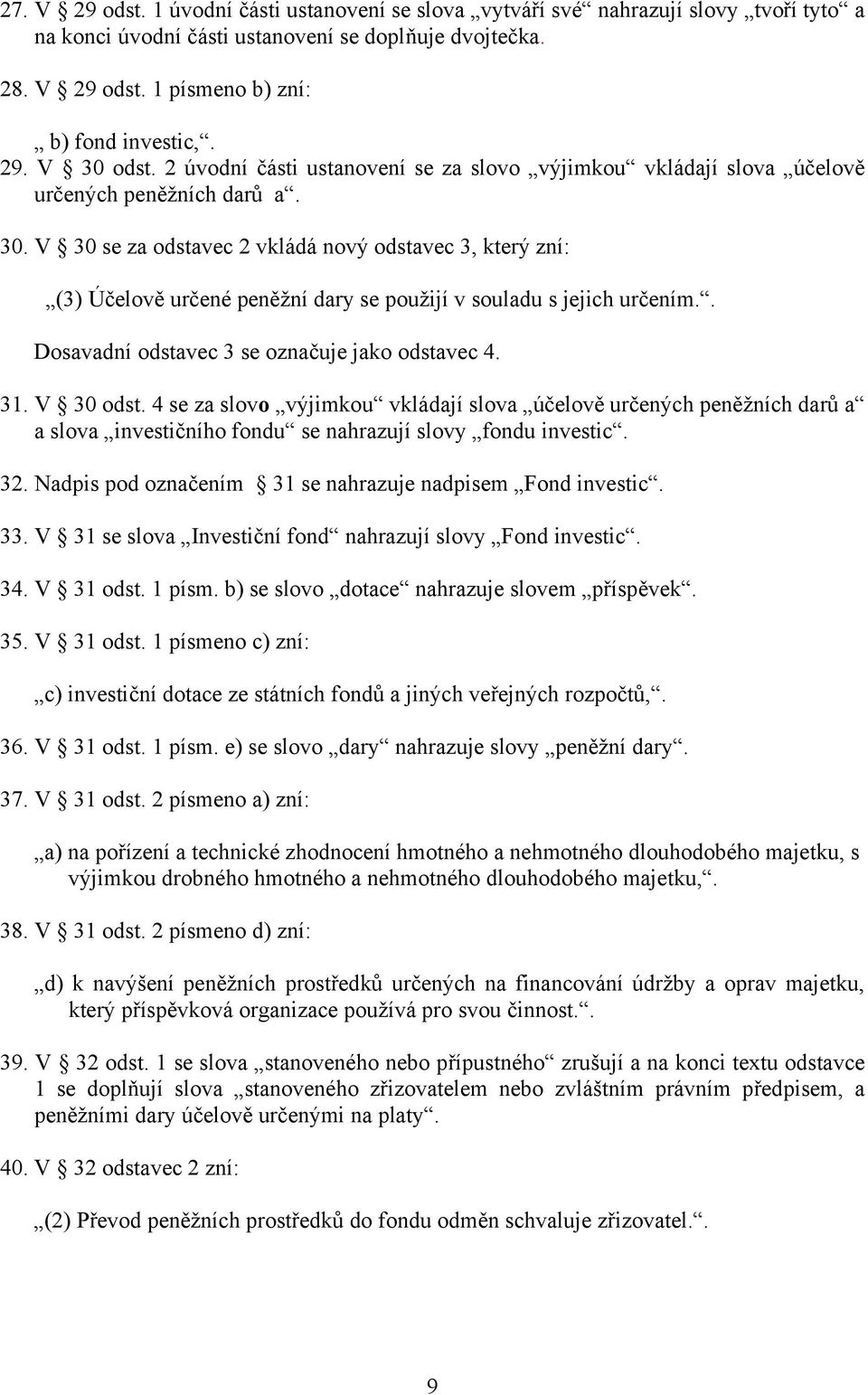 . Dosavadní odstavec 3 se označuje jako odstavec 4. 31. V 30 odst. 4 se za slovo výjimkou vkládají slova účelově určených peněžních darů a a slova investičního fondu se nahrazují slovy fondu investic.