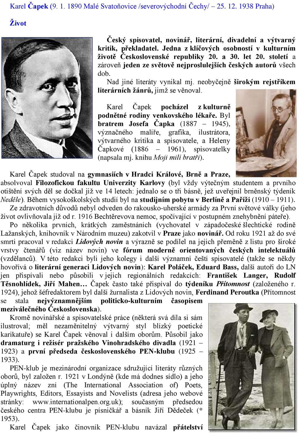 Karel Čapek ( Malé Svatoňovice /severovýchodní Čechy/ Praha) - PDF Stažení  zdarma