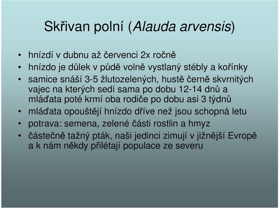 poté krmí oba rodiče po dobu asi 3 týdnů mláďata opouštějí hnízdo dříve než jsou schopná letu potrava: semena, zelené