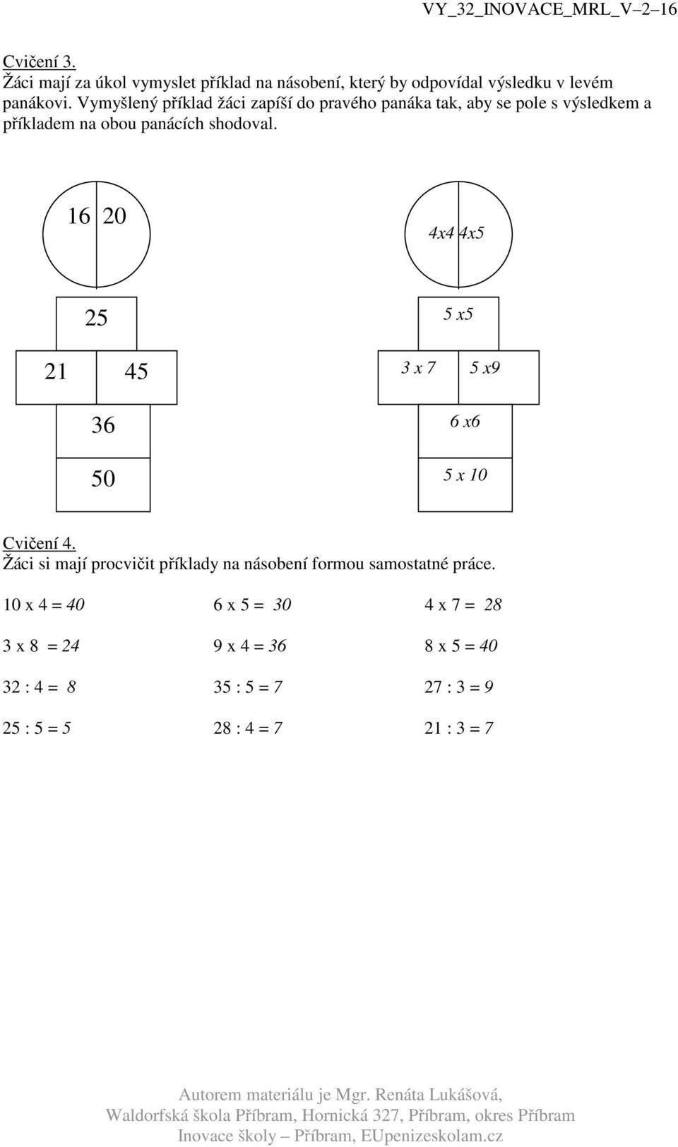 16 20 4x4 4x5 25 5 x5 21 45 3 x 7 5 x9 36 6 x6 50 5 x 10 Cvičení 4.