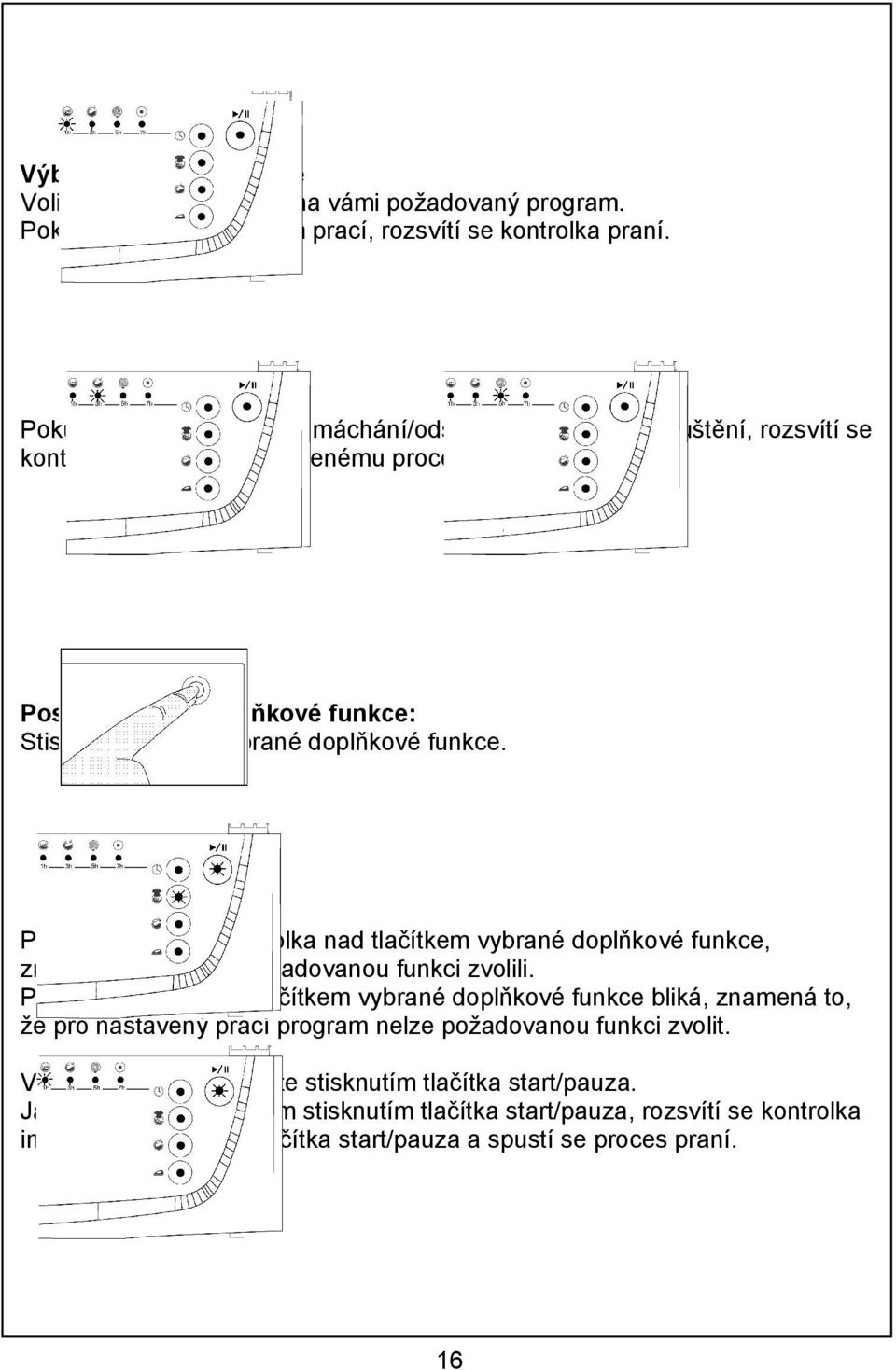Pokud se rozsvítí kontrolka nad tlačítkem vybrané doplňkové funkce, znamená to, že jste požadovanou funkci zvolili.