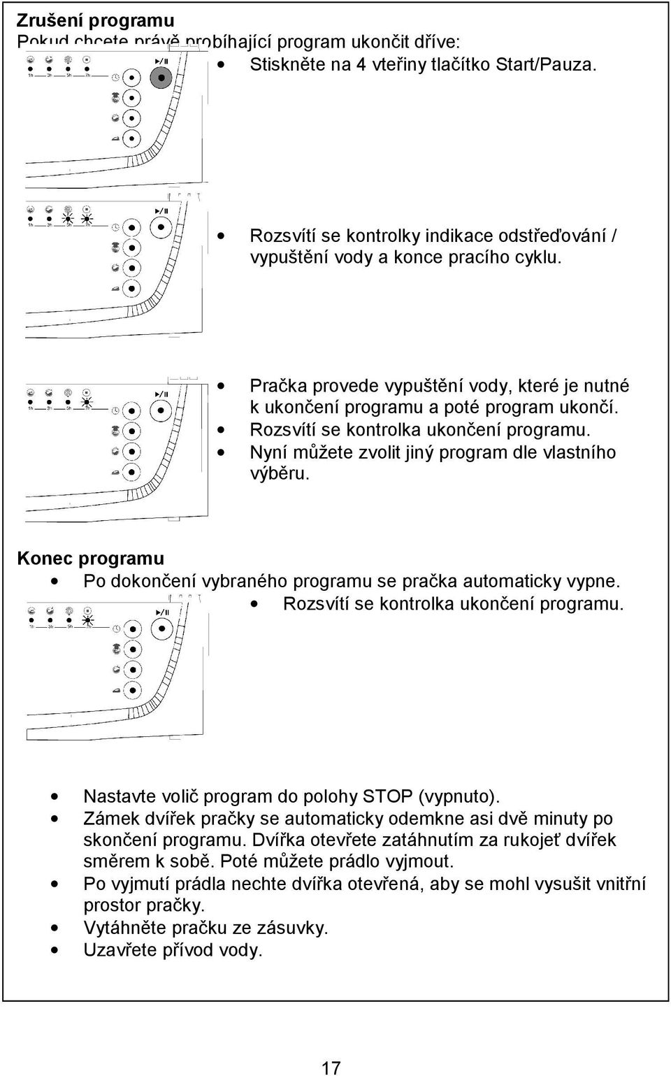 Konec programu Po dokončení vybraného programu se pračka automaticky vypne. Rozsvítí se kontrolka ukončení programu. Nastavte volič program do polohy STOP (vypnuto).