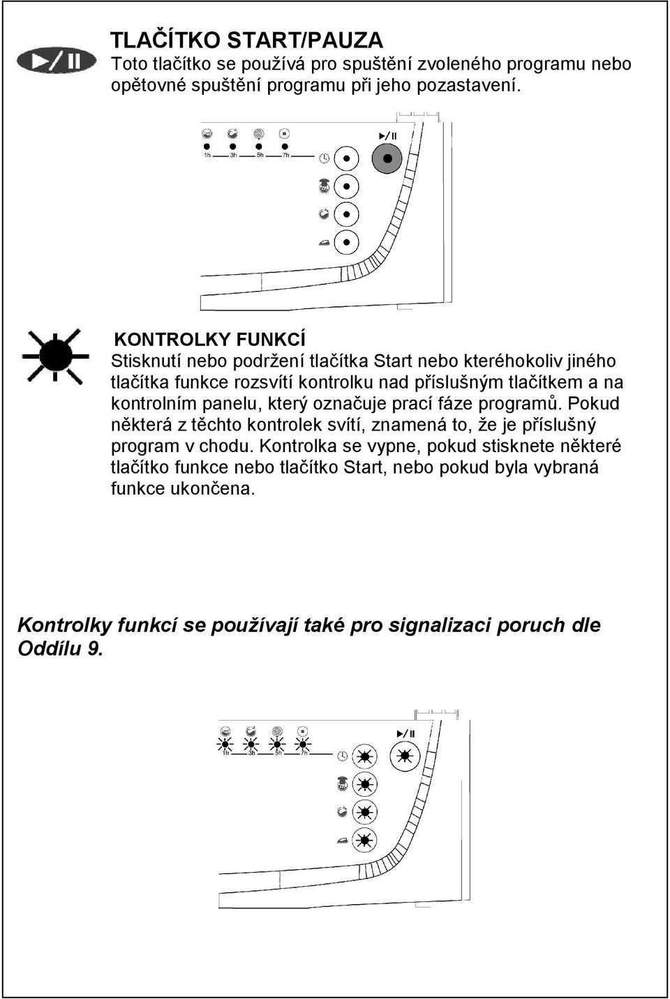 kontrolním panelu, který označuje prací fáze programů. Pokud některá z těchto kontrolek svítí, znamená to, že je příslušný program v chodu.