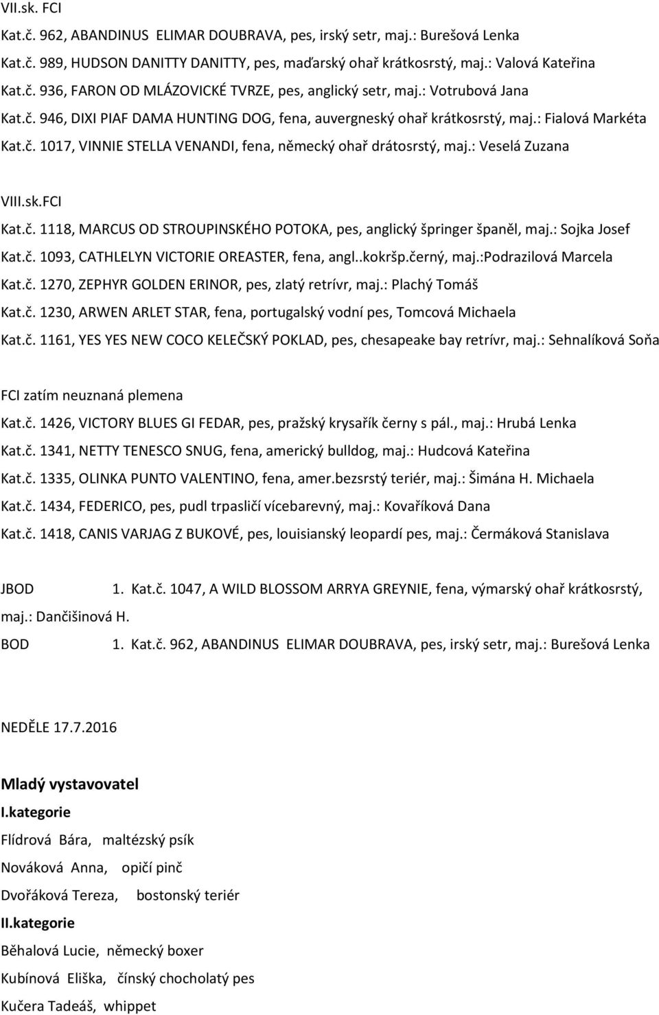 : Veselá Zuzana VIII.sk.FCI Kat.č. 1118, MARCUS OD STROUPINSKÉHO POTOKA, pes, anglický špringer španěl, maj.: Sojka Josef Kat.č. 1093, CATHLELYN VICTORIE OREASTER, fena, angl..kokršp.černý, maj.