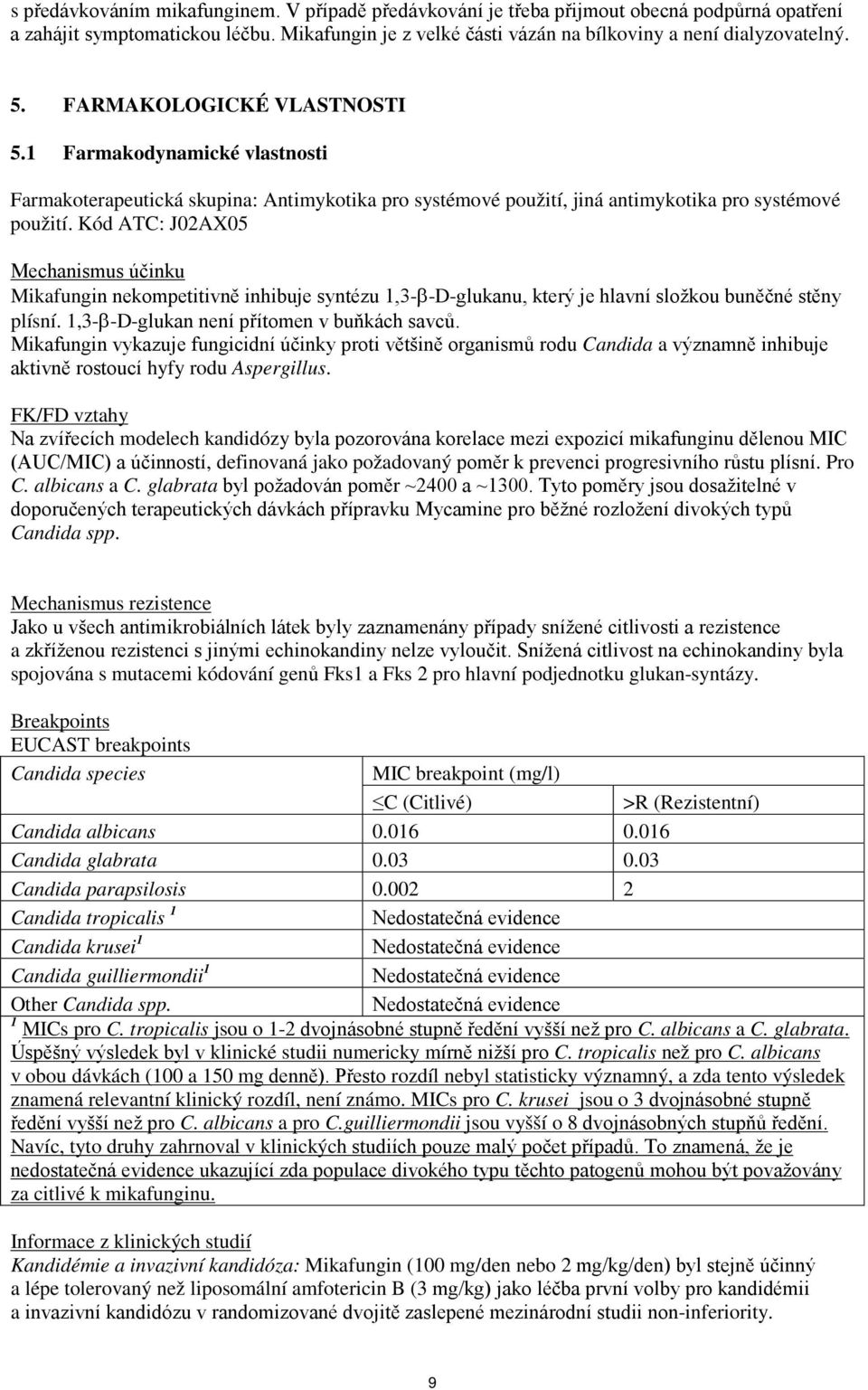 Kód ATC: J02AX05 Mechanismus účinku Mikafungin nekompetitivně inhibuje syntézu 1,3-β-D-glukanu, který je hlavní složkou buněčné stěny plísní. 1,3-β-D-glukan není přítomen v buňkách savců.