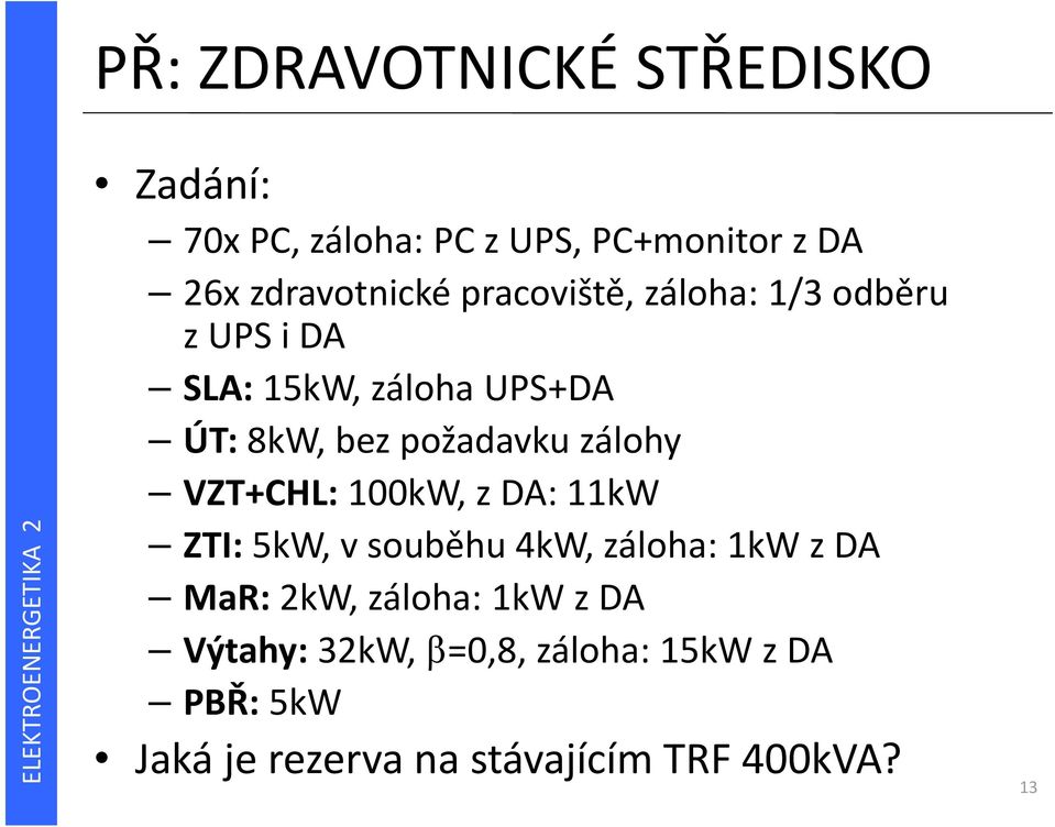 zálohy VZT+CHL: 100kW, z DA: 11kW ZTI: 5kW, v souběhu 4kW, záloha: 1kW z DA MaR: 2kW, záloha: