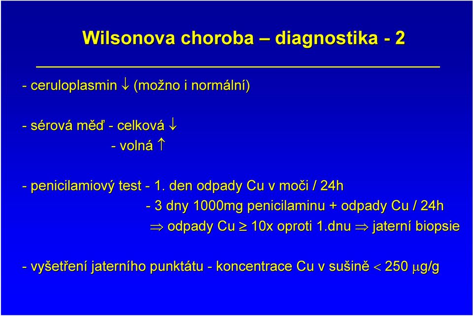 den odpady Cu v moči i / 24h - 3 dny 1000mg penicilaminu + odpady Cu / 24h