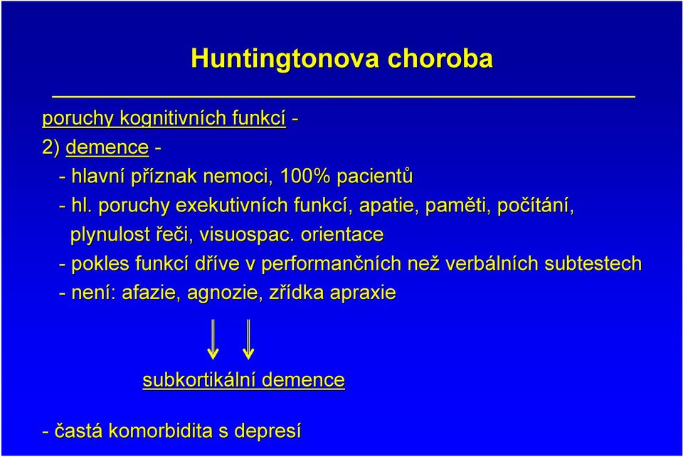 . poruchy exekutivních funkcí,, apatie, paměti, počítání, plynulost řeči, visuospac.