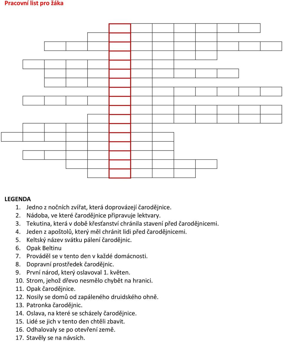 Opak Beltinu 7. Prováděl se v tento den v každé domácnosti. 8. Dopravní prostředek čarodějnic. 9. První národ, který oslavoval 1. květen. 10. Strom, jehož dřevo nesmělo chybět na hranici. 11.