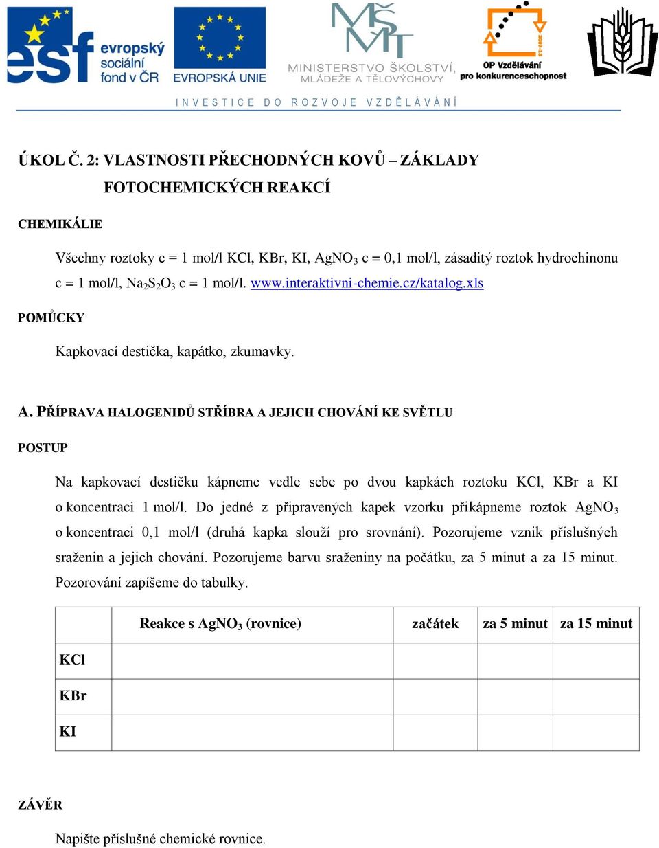 PŘÍPRAVA HALOGENIDŮ STŘÍBRA A JEJICH CHOVÁNÍ KE SVĚTLU Na kapkovací destičku kápneme vedle sebe po dvou kapkách roztoku KCl, KBr a KI o koncentraci 1 mol/l.