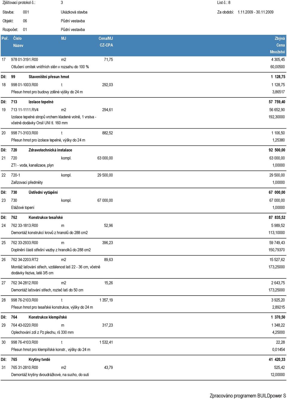 160 mm 1 128,75 3,86517 56 652,90 192,30000 20 998 71-3103.R00 t 882,52 Přesun hmot pro izolace tepelné, výšky do 24 m 1 1,50 1,25380 720 Zdravotechnická instalace 92 500,00 21 720 kompl.