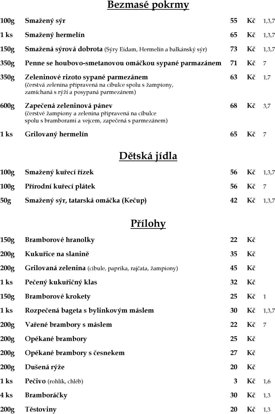 pánev 68 Kč 3,7 (čerstvé žampiony a zelenina připravená na cibulce spolu s bramborami a vejcem, zapečená s parmezánem) 1 ks Grilovaný hermelín 65 Kč 7 Dětská jídla 100g Smažený kuřecí řízek 56 Kč