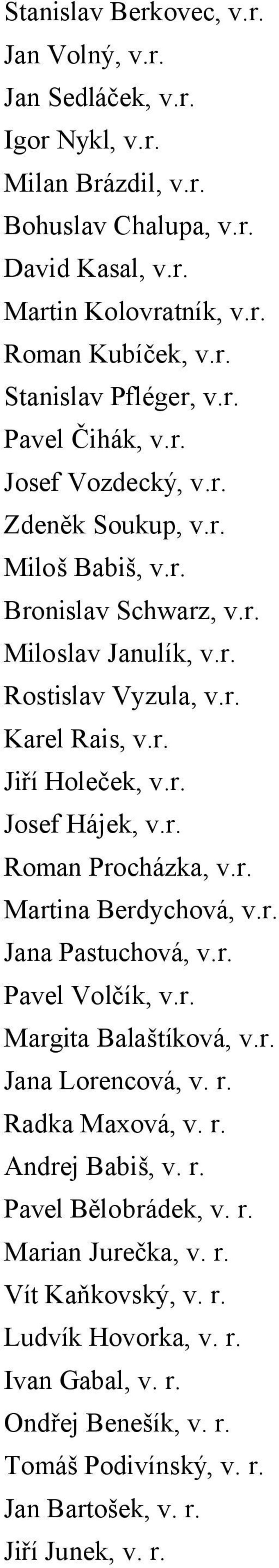 r. Roman Procházka, v.r. Martina Berdychová, v.r. Jana Pastuchová, v.r. Pavel Volčík, v.r. Margita Balaštíková, v.r. Jana Lorencová, v. r. Radka Maxová, v. r. Andrej Babiš, v. r. Pavel Bělobrádek, v.