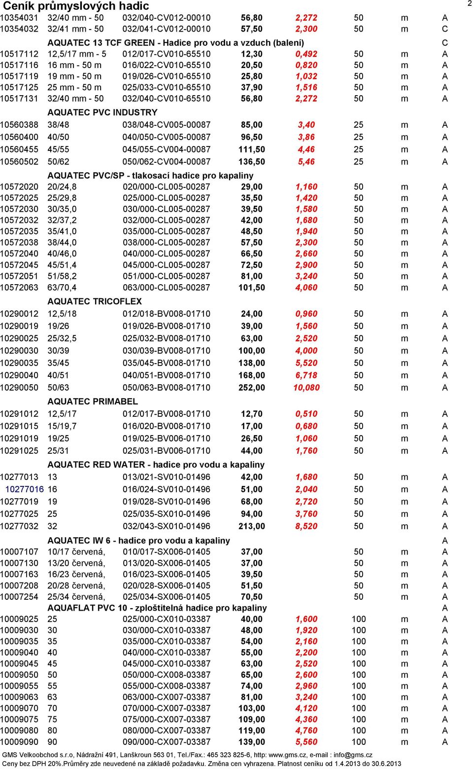 025/033-V010-65510 37,90 1,516 50 m A 10517131 32/40 mm - 50 m 032/040-V010-65510 56,80 2,272 50 m A AQUATE PV NDUSTRY 10560388 38/48 038/048-V005-00087 85,00 3,40 25 m A 10560400 40/50