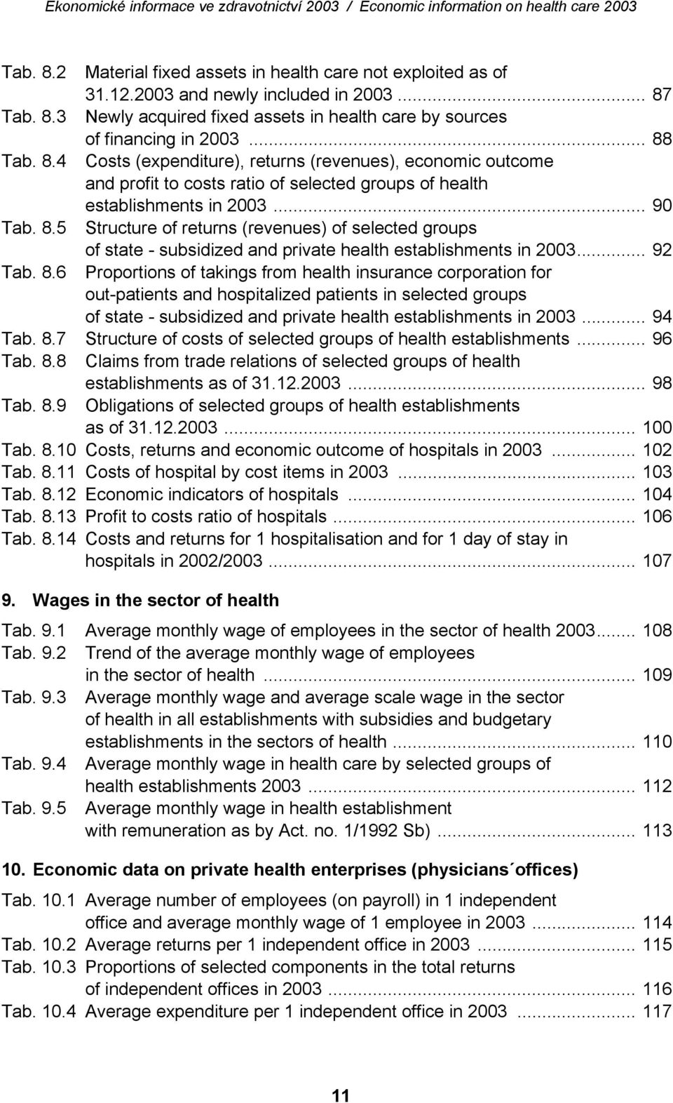 .. 92 Tab. 8.6 Proportions of takings from health insurance corporation for out-patients and hospitalized patients in selected groups of state - subsidized and private health establishments in 2003.