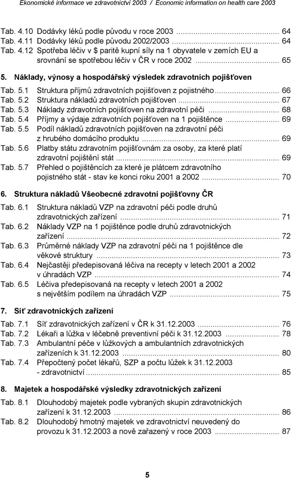 5.3 Náklady zdravotních pojišťoven na zdravotní péči... 68 Tab. 5.4 Příjmy a výdaje zdravotních pojišťoven na 1 pojištěnce... 69 Tab. 5.5 Podíl nákladů zdravotních pojišťoven na zdravotní péči z hrubého domácího produktu.