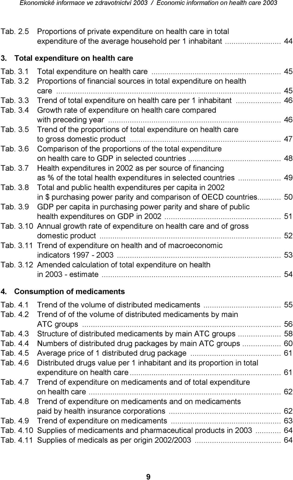 .. 46 Tab. 3.5 Trend of the proportions of total expenditure on health care to gross domestic product... 47 Tab. 3.6 Comparison of the proportions of the total expenditure on health care to GDP in selected countries.