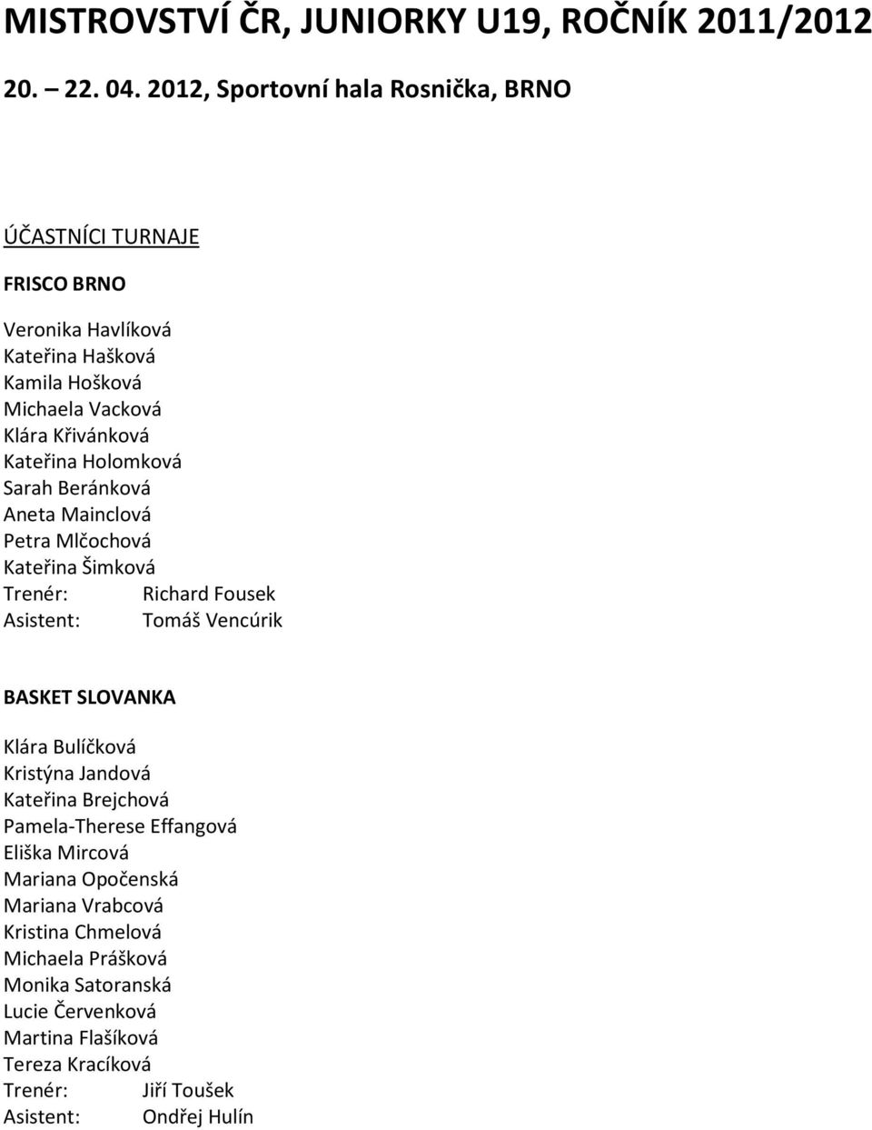 Kateřina Holomková Sarah Beránková Aneta Mainclová Petra Mlčochová Kateřina Šimková Trenér: Richard Fousek Asistent: Tomáš Vencúrik BASKET SLOVANKA Klára