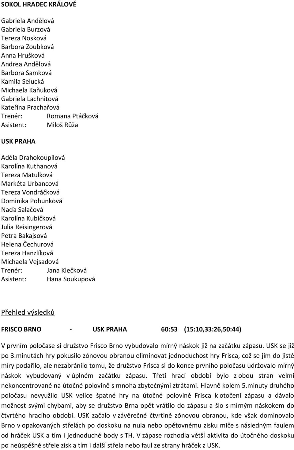 Karolína Kubíčková Julia Reisingerová Petra Bakajsová Helena Čechurová Tereza Hanzlíková Michaela Vejsadová Trenér: Jana Klečková Asistent: Hana Soukupová Přehled výsledků FRISCO BRNO - USK PRAHA