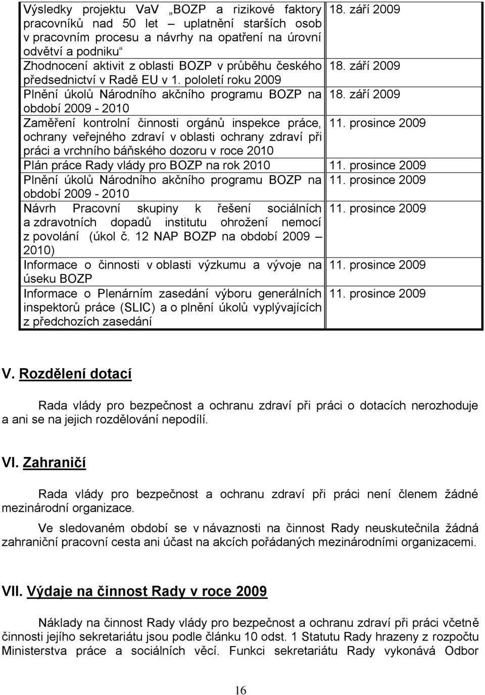 září 2009 předsednictví v Radě EU v 1. pololetí roku 2009 Plnění úkolů Národního akčního programu BOZP na 18. září 2009 období 2009-2010 Zaměření kontrolní činnosti orgánů inspekce práce, 11.