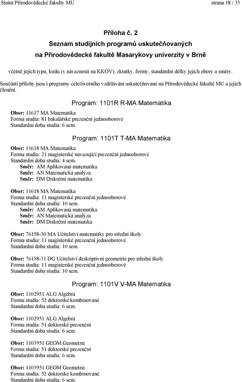 směry. Součástí přílohy jsou i programy celoživotního vzdělávání uskutečňované na Přírodovědecké fakultě MU a jejich členění.