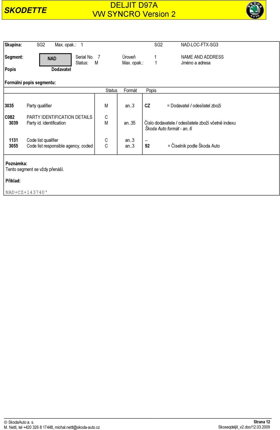 .35 Číslo dodavatele / odesílatele zboží včetně indexu Škoda Auto formát - an..6 1131 Code list qualifier C an.