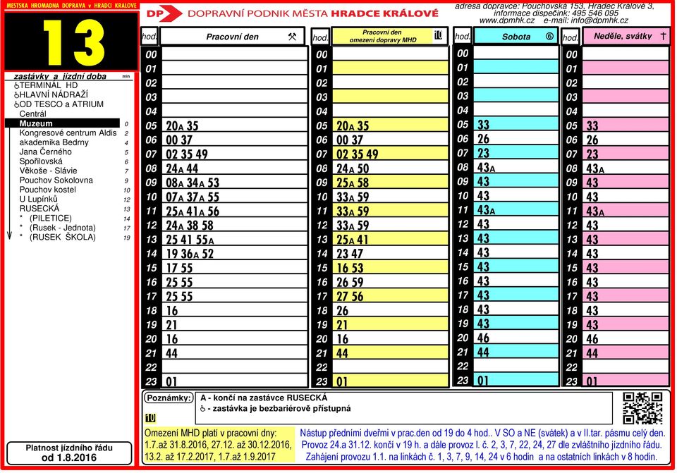 den od do. V SO a NE (svátek) a v II.tar. pásmu celý den. Provoz.a.. končí v h. a dále provoz l. č.