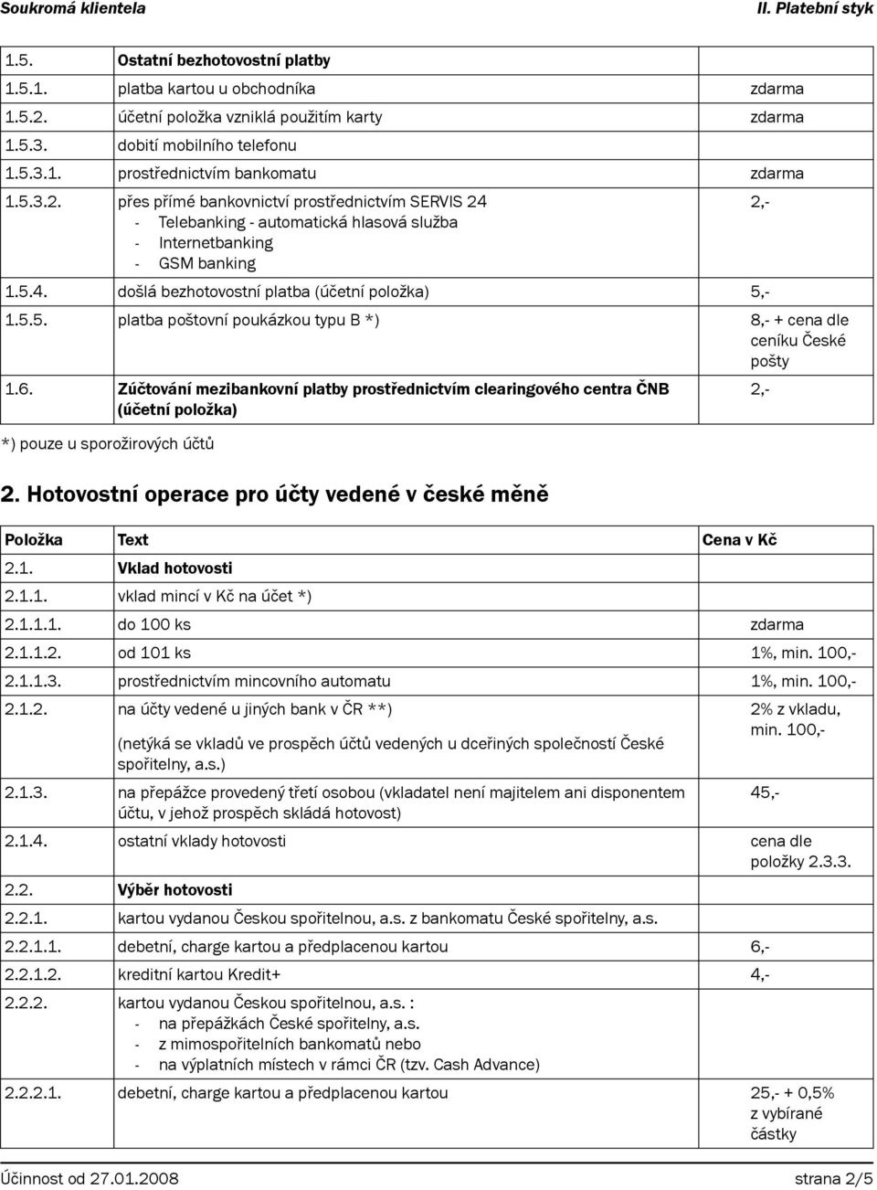 6. Zúčtování mezibankovní platby prostřednictvím clearingového centra ČNB (účetní položka) *) pouze u sporožirových účtů 2. Hotovostní operace pro účty vedené v české měně 2.1.