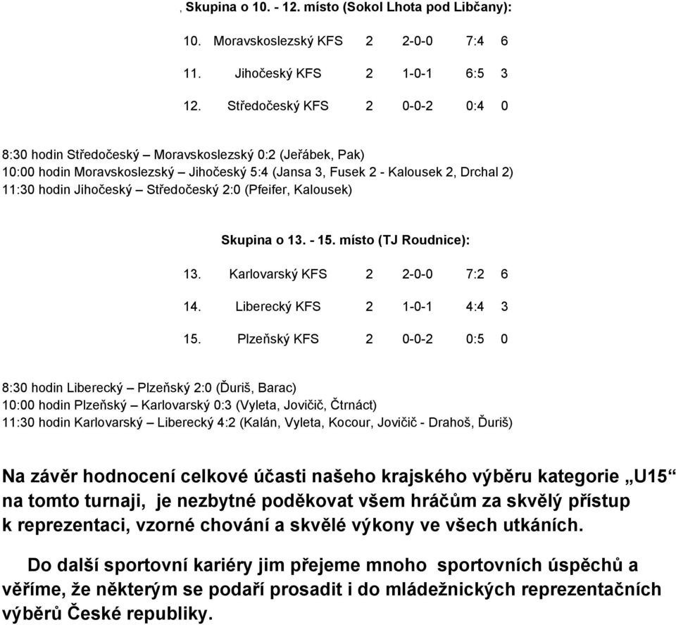 Středočeský 2:0 (Pfeifer, Kalousek) Skupina o 13. - 15. místo (TJ Roudnice): 13. Karlovarský KFS 2 2-0-0 7:2 6 14. Liberecký KFS 2 1-0-1 4:4 3 15.