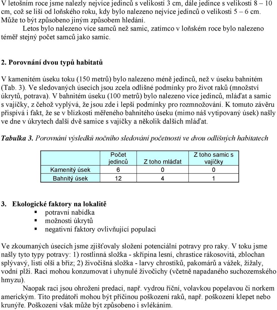 Porovnání dvou typů habitatů V kamenitém úseku toku (150 metrů) bylo nalezeno méně jedinců, než v úseku bahnitém (Tab. 3).