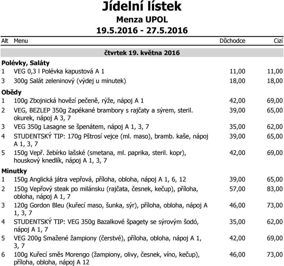 okurek, nápoj A, VEG 0g Lasagne se špenátem, nápoj A 1,, STUDENTSKÝ TIP: 10g Pštrosí vejce (ml. maso), bramb. kaše, nápoj A 1,, 10g Vepř. žebírko lašské (smetana, ml. paprika, steril.