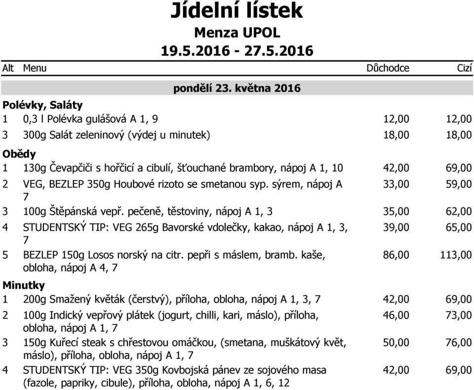 pečeně, těstoviny, nápoj A 1, STUDENTSKÝ TIP: VEG 6g Bavorské vdolečky, kakao, nápoj A 1,, BEZLEP 10g Losos norský na citr. pepři s máslem, bramb.