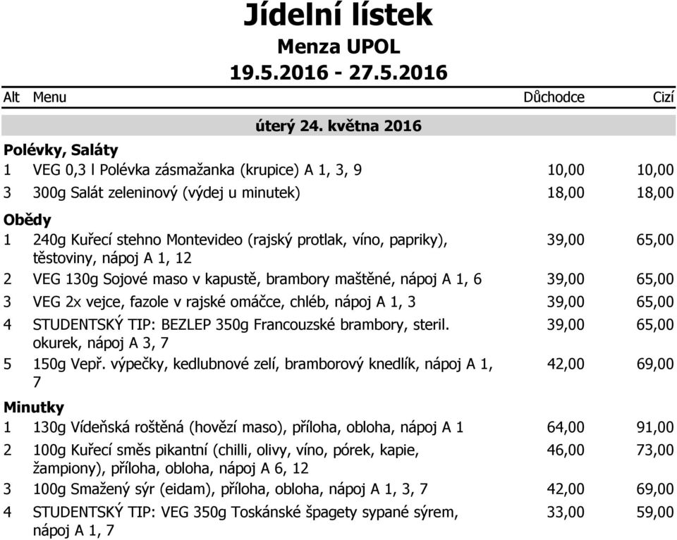 10g Sojové maso v kapustě, brambory maštěné, nápoj A 1, 6 VEG x vejce, fazole v rajské omáčce, chléb, nápoj A 1, STUDENTSKÝ TIP: BEZLEP 0g Francouzské brambory, steril.