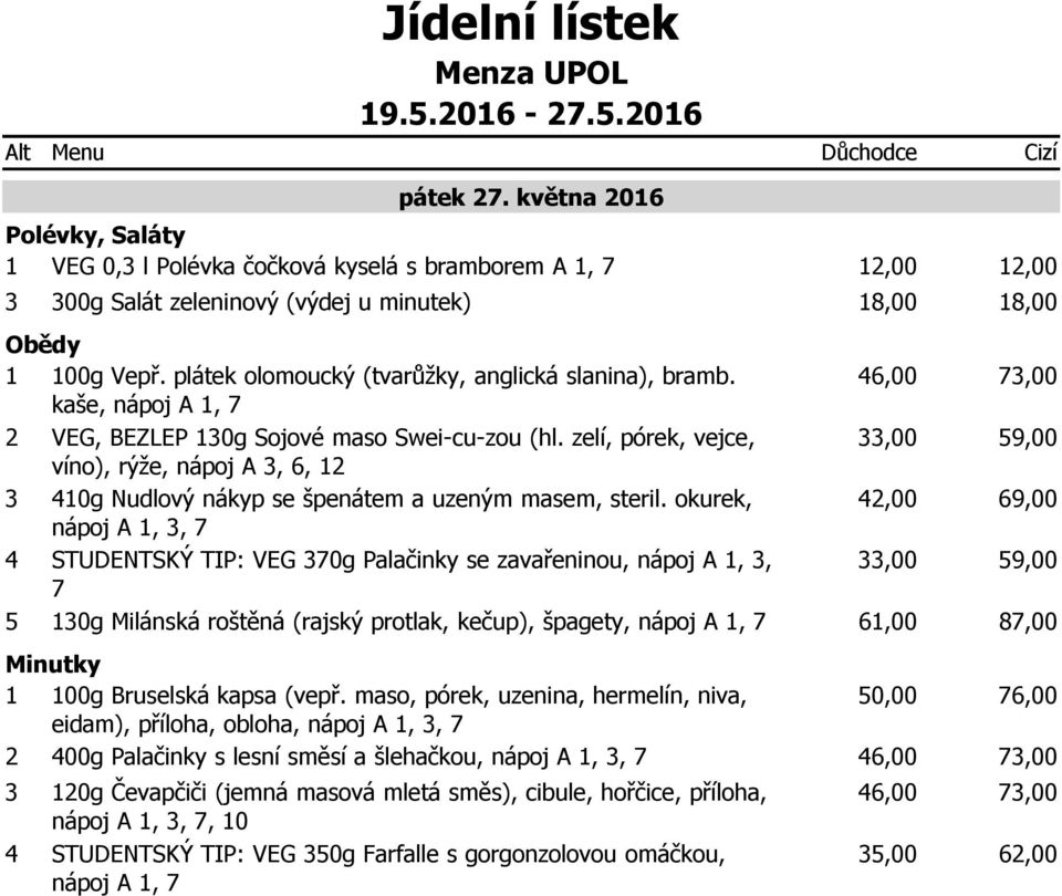 okurek, nápoj A 1,, STUDENTSKÝ TIP: VEG 0g Palačinky se zavařeninou, nápoj A 1,, 10g Milánská roštěná (rajský protlak, kečup), špagety, 1 100g Bruselská kapsa (vepř.