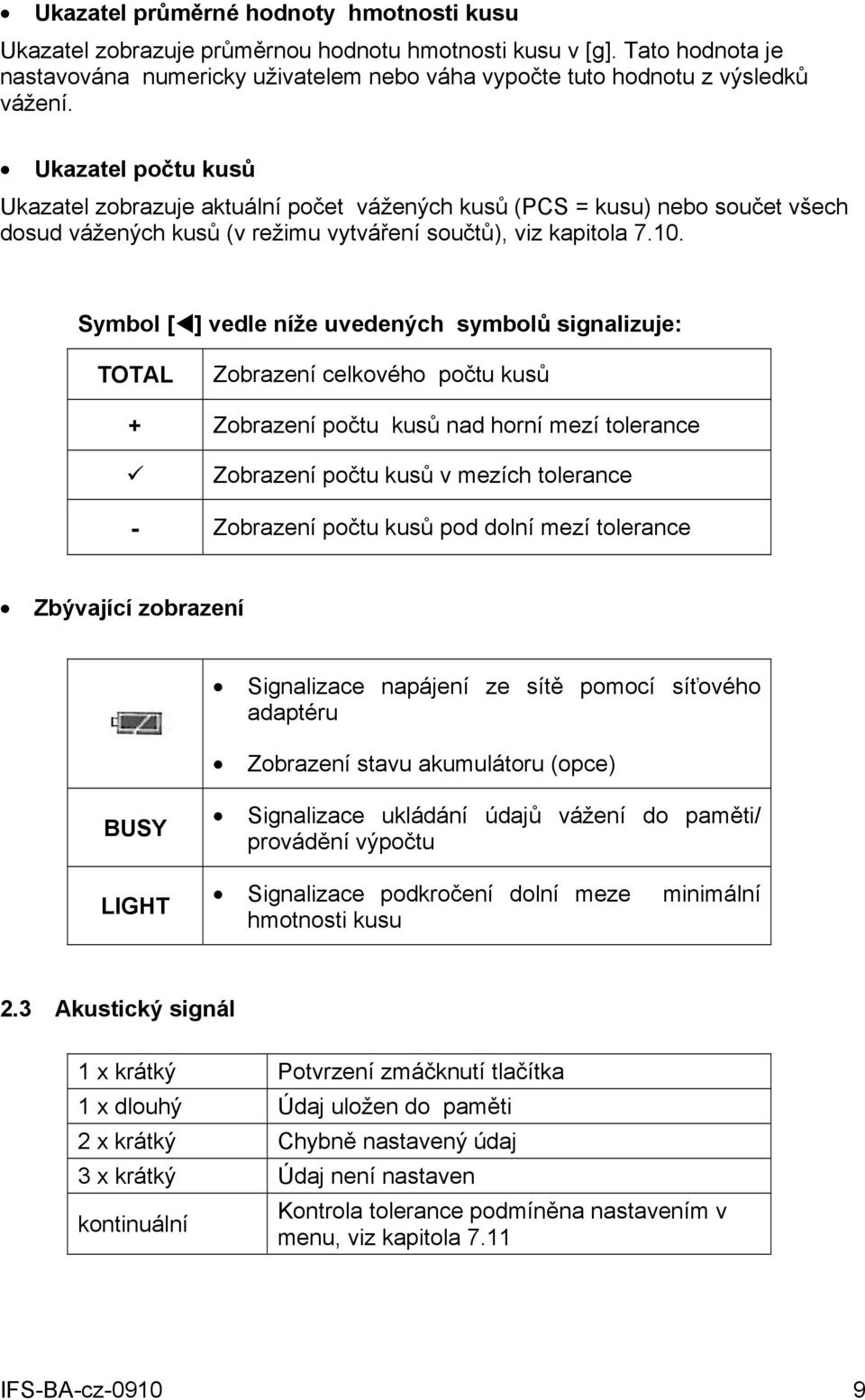 Symbol [ ] vedle níže uvedených symbolů signalizuje: TOTAL Zobrazení celkového počtu kusů + Zobrazení počtu kusů nad horní mezí tolerance Zobrazení počtu kusů v mezích tolerance - Zobrazení počtu