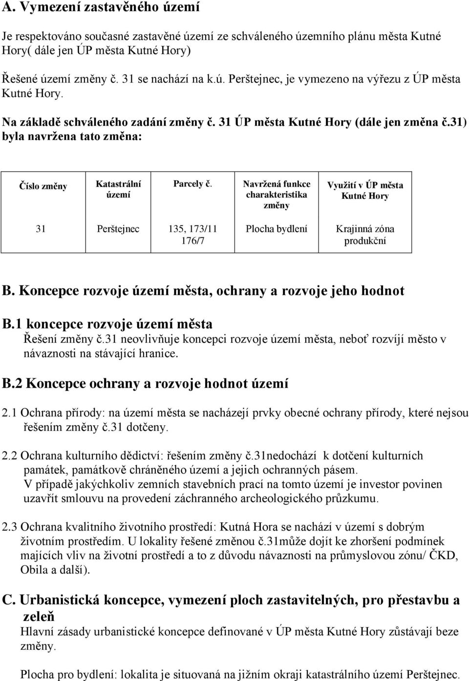 .. Navržená funkce charakteristika změny Využití v ÚP města Kutné Hory.. 31 Perštejnec. 135, 173/11 176/7 Plocha bydlení. Krajinná zóna produkční B.